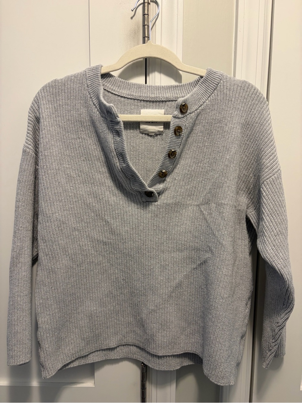 aerie Light Gray Button-Detail Crewneck Sweater